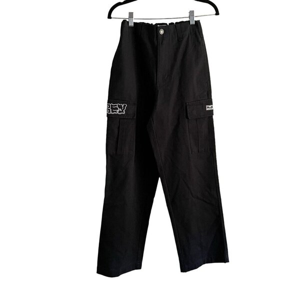 Obey Women 26 Black Grunge 90s Y2K Big Division Embroidered Cargo Pant NWOT - Picture 4 of 14